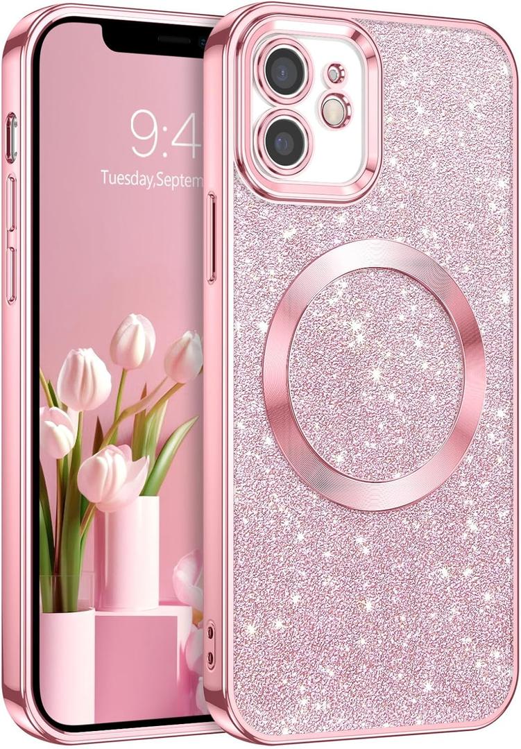 DOMAVER for iPhone 12 Phone Case Magnetic [Compatible with MagSafe] Luxury Clear Glitter Shockproof Protective Cover Full Camera Lens Protector Women Girls- Pink