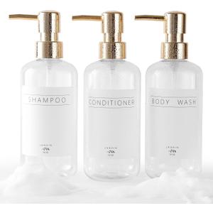 Shampoo and Conditioner Dispenser Set of 3,Modern Refillable 16oz Shampoo and Conditioner Bottles with Pump,Stylish Shower Soap Dispenser with Waterproof Labels for Bathroom(Clear)
