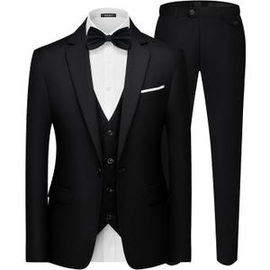 MAGE MALE Men's 3 Pieces Suit Elegant Solid One Button Slim Fit Single Breasted Party Blazer Vest Pants Set (Medium, Black)