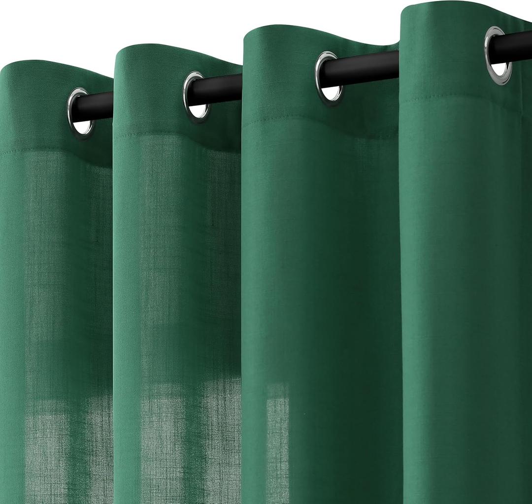 Emerald Green Linen Curtains 90 Inch Length 2 Panels for Living Room Bedroom, Light Filtering Sheer Curtains 90 Inches, Modern Farmhouse Grommet Semi Sheer Soft Privacy Drapes