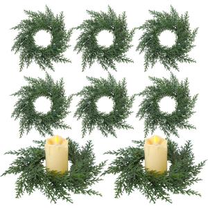 Dingion 6 Pcs Cedar Wreath Small Candle Rings Wreath Outer Diameter 6 Inch Artificial Pillars Holders Christmas Cedar Ornaments for Cabinets Chair Table DIY Wedding Decoration Xmas Centerpiece