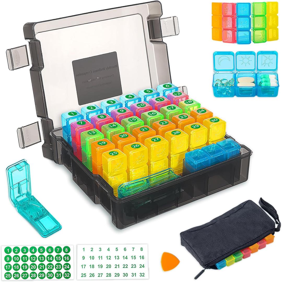 Monthly Pill Organizer 3 Times a Day, Portable Pill Box with Weekly Travel Bag, Large Capacity Medicine Organizer with Labels, 30 Day Pill Case & Pill Cutter for Easy Medication Management (Black)