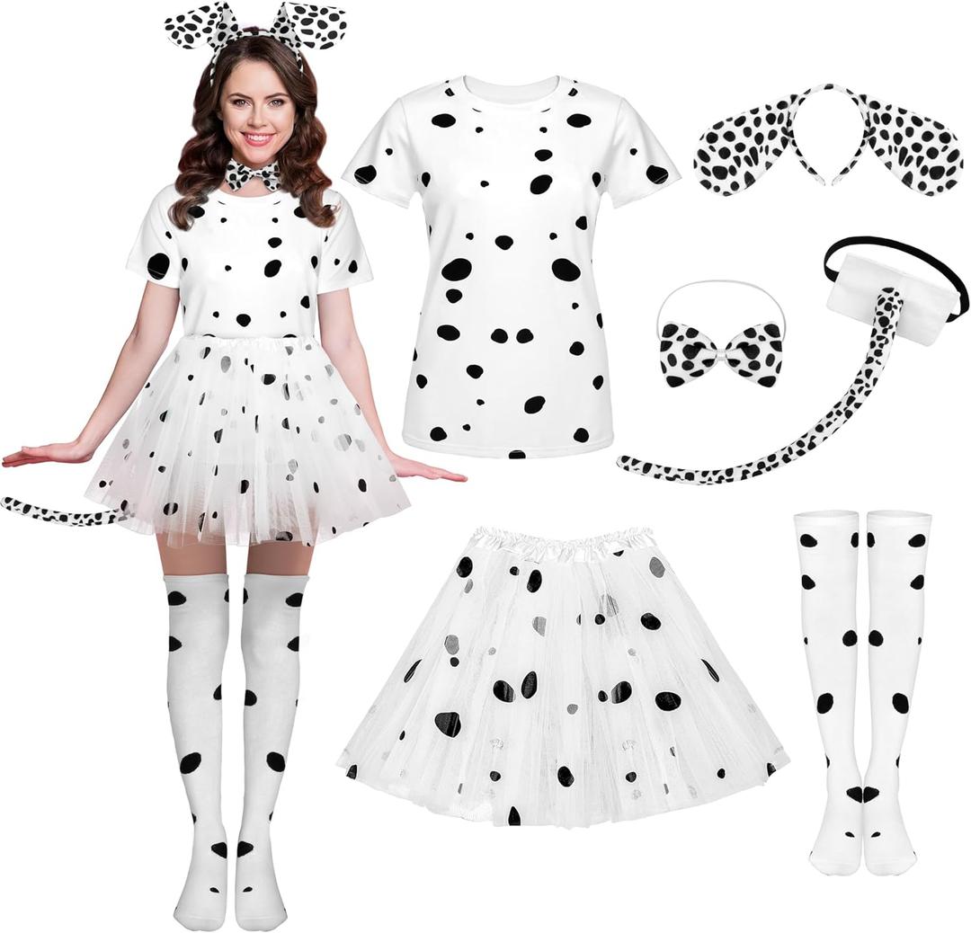 SOMSOC 6 Pieces Halloween Women Dalmatian Costume, Dalmatian Shirt Headband Tail Bowtie Sock Tutu Skirt for Adult (XX-Large, Black and White)