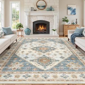 Roxstand Washable Rugs 8x10, Ultra-Thin Non-Slip 8x10 Area Rugs for Living Room, Soft Vintage Large Area Rug, Foldable Farmhouse Bedroom, Dining Room Rug (Blue/Beige, 8'x10')