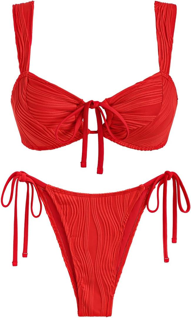 ZAFUL Women's Cinched Bikini Solid Color Wave Textured Knotted Tied Side Two Piece Swimsuit Bathing Suits (Large)