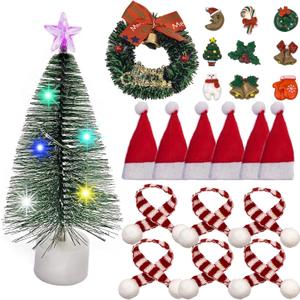 1/12 Scale Dollhouse Christmas Decorations 8inch Pre-Decorated Mini Desktop Christmas Tree, Miniature Wreath, Hats & Scarves Perfect Holiday Accessories for Dollhouse Decor