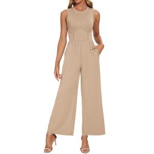 YETANLID Wmens Summer Jumpsuits Dressy Business Casual Clothing Sleeveless Mock Neck Wide Leg Pants Rompers with Pockets Khaki L (Beige, L)