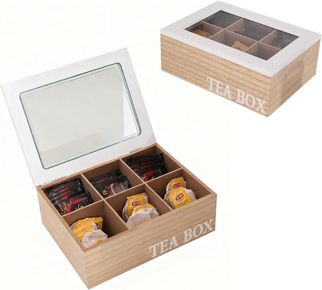 Vintage Burlywood Wooden Tea Organizer Box with White Glass Lid, 6 Compartments Tea Bag Organizer, 9 Inches Storage Organizer, Tea Storage Chest, Kitchen Storage Chest Box (Large)