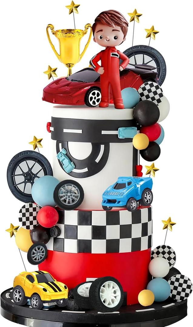 Racing Cake Toppers Racer Clay Figurines Tires Flags Cake Decorations for Truck Themed Birthday Racing Decorations Supplies