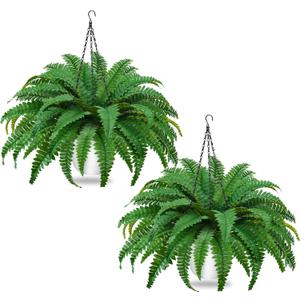 2Pack Artificial Boston Ferns Hanging Plants 23.6'' Fake Silk Fern 50 Leaves That Look Real in Pots for Outdoors & Indoor Faux Potted Plant for Home Porch Patio Garden Decor (Green)