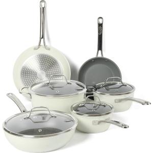Sur La Table Kitchen Essentials 10 Piece PFA Free Non-Toxic Titanium Ceramic Nonstick Interior Forged Aluminum Cookware Pots and Pans Set - Linen White - Induction Compatible