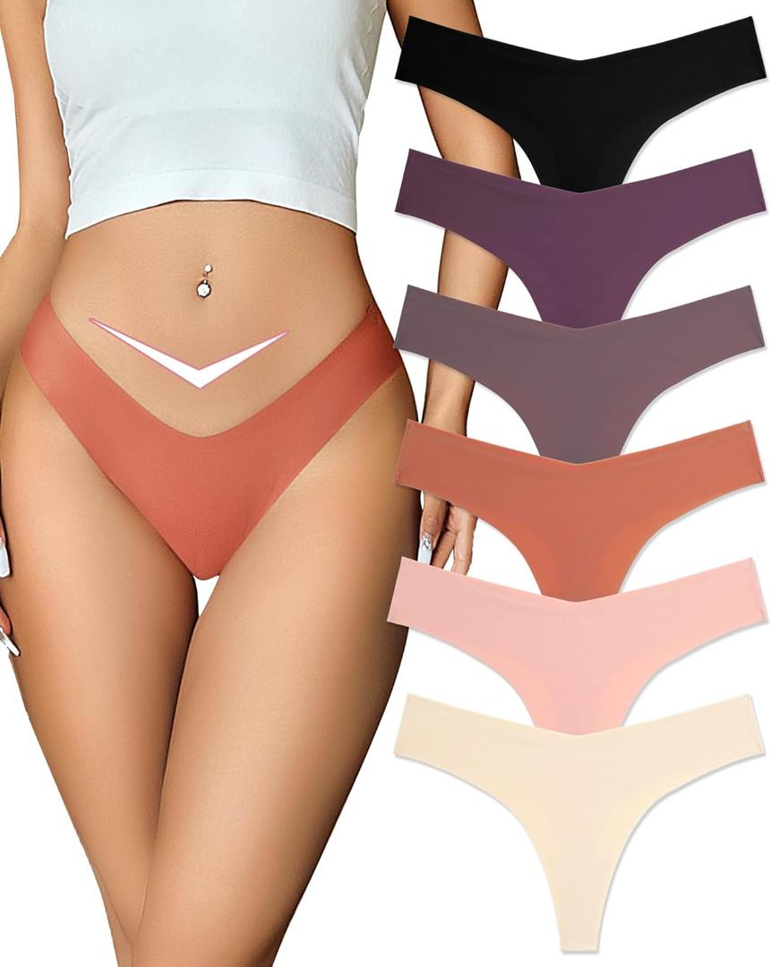 FINETOO Seamless Thongs for Women Sexy No Show Panties Invisible V-waisted Stretch Ladies Underwear 6 Pack (Medium)