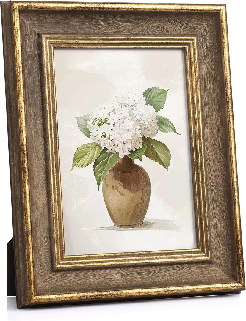 Afuly 5x7 Vintage Picture Frame Elegant Retro Picture Frames Wood Gold Photo Frame Wall Hang Desktop Home Decor Birthday Gifts for Grandma Mom Women Parents (5x7, Wood Gold)