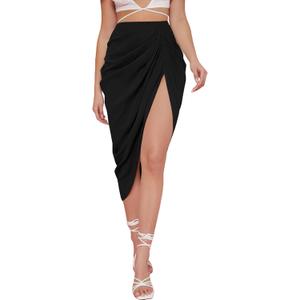 WDIRARA Women's Skirts Split Thigh Front Satin Skirt High Waist Ruched Zip Back WrapMidi Skirt (Large, Black)