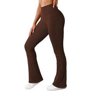 MOOSLOVER Women Ribbed Bootcut Yoga Pants High Waisted Flare Bootleg Workout Leggings(M,#1 Dark Brown,S)