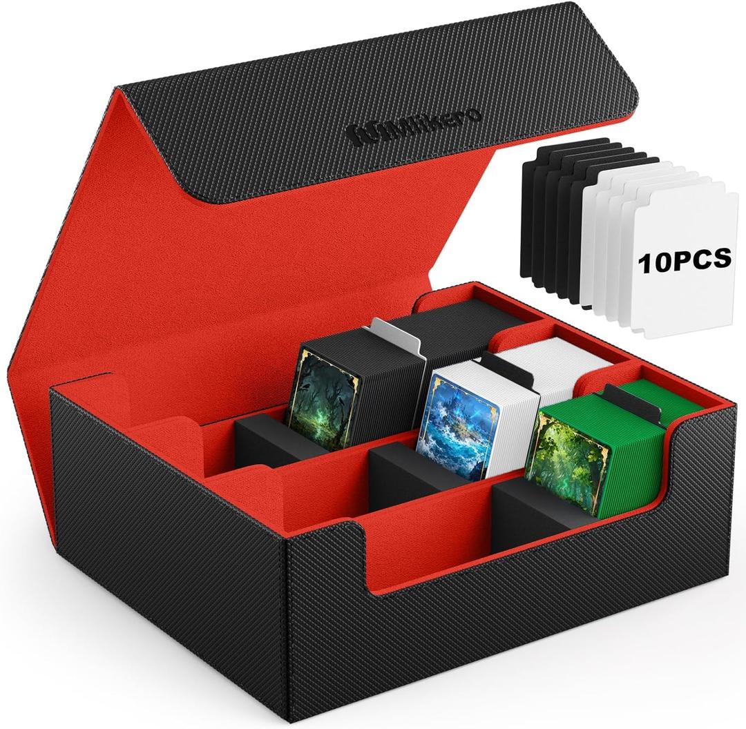 Mlikero Card Deck Case, 1800+ Trading Card Storage Box with 10 Dividers and 3 Foam Stoppers, Leather Magnetic Closure Commander Deck Box Fit for YuGiOh, MTG and Sport Cards(Black&Red)
