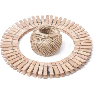 HSTECH 100 Pcs Mini Natural Wooden Clothespins and 82 Ft Jute Twine, Baby Clothes Pins, 1.38in Craft Photo Clips for Home School Arts Crafts Decor, DIY Decoration's, Arts and Crafts, Weddings
