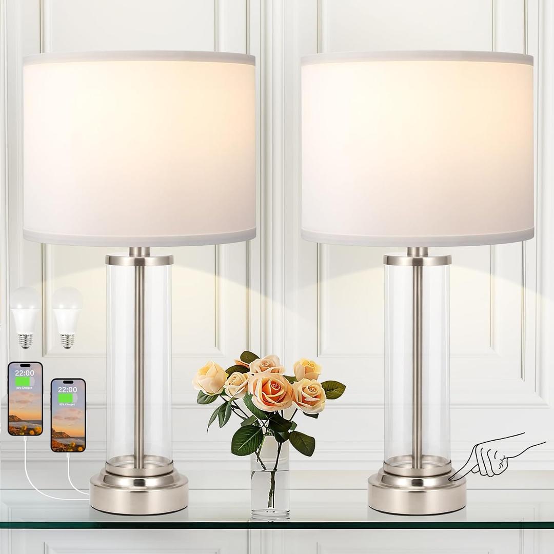 Nickel Bedroom Lamps Set of 2 - Touch Bedside Lamp for Night Stands with USB C+A, 3 Way Dimmable Nightstand Table Lamps for Living Room, Modern Glass Lamp for Bed Side Guest Room