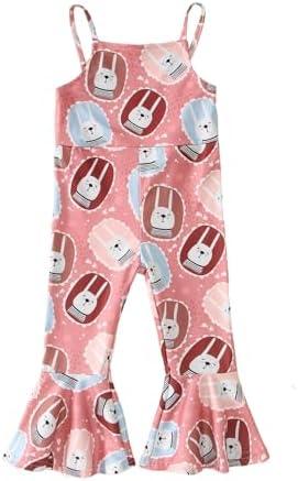 Ritatte Toddler Baby Girl Easter Outfit Bunny Bell Bottom Romper Cute Rabbit Floral Jumpsuit Sleeveless One-Piece Flare Pants (3-4T)