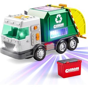 Vroomix LED Garbage Truck Toy Set Includes Dumpster, Toy Truck with Mode Switch & Volume Control, Trash Vehicle with Lights and Sounds, Automatic Bump & Go Car
