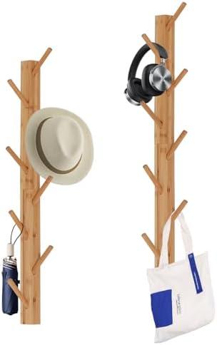 TIOPGHAD 2-Pack Wood-Wall-Mounted-Coat-Hooks, Bamboo Vertical Coats Rack Holder Hanger with 8 Hooks Entryway Hanging Wooden Racks for Hanging Jacket Coat Hat in Entryway Office Bathroom(Natural)
