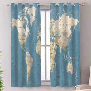 Shrahala Grey Geographical World Blackout Window Curtains, Blue Map Thermal Insulated Curtains Grommet Top Window Drapes for Living Room, Bedroom (2 Panels,52 x 63 in)