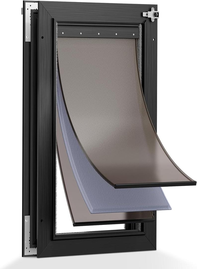 3-Flaps Aluminum Dog Door for Door, Extreme Weather Large Doggy Door, Rust Proof Heavy Duty Pet Door with Insulation Flap, Safety Locks, Sliding Closing Panel, for Pets Up to 110lb, Black