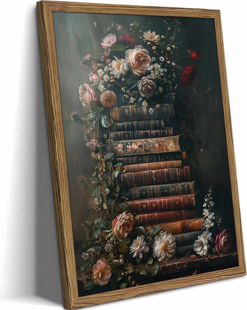 Framed Vintage Floral Wall Art – Moody Dark Flowers & Antique Books Oil Painting, Dark Academia Floral Canvas Wall Decor, Solid Wood Frame Picture for Living Room Office 16x12in