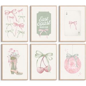 Pink Bow Wall Art Coquette Canvas Prints Girly Dorm Room Wall Decor Preppy Aesthetic Poster Sage Gree Boots Pictures Trendy Cute Painting Disco Cherry Artwork for Girls Bedroom 12x16x6 Inch Unframed