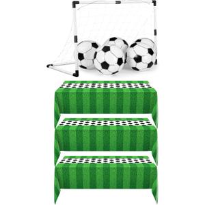Buryeah 3 PCS Soccer Themed Disposable Plastic Tablecloths 54 x 108 Inches 12 pcs Inflatable Beach Balls 1pcs Goal Supplies for Soccer Tailgate Sports Party Rectangular Day Decorations (Football Style)