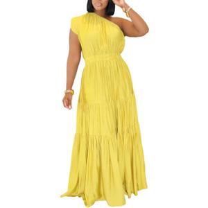 Lucuna Women's Linen One Shoulder Flowy Summer Boho Maxi Dresses (Yellow, L)