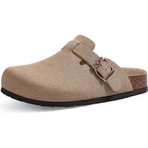 KIDMI Unisex Vegan Suede Clogs Leather Mules Womens Mens Cork Footbed Potato Shoes with Arch Support, Vegan Suede Taupe, Size 37