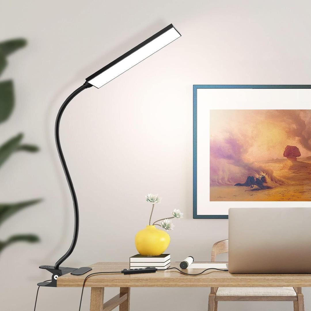 Vansuny Clip on Light LED Desk Lamp with Eye-Caring LED Light and Metal Clip, 11 Level Brightness 3 Color Modes, Power by USB Port 5W Adjustable Neck Reading Lamp for Home and Office (5W, Black)