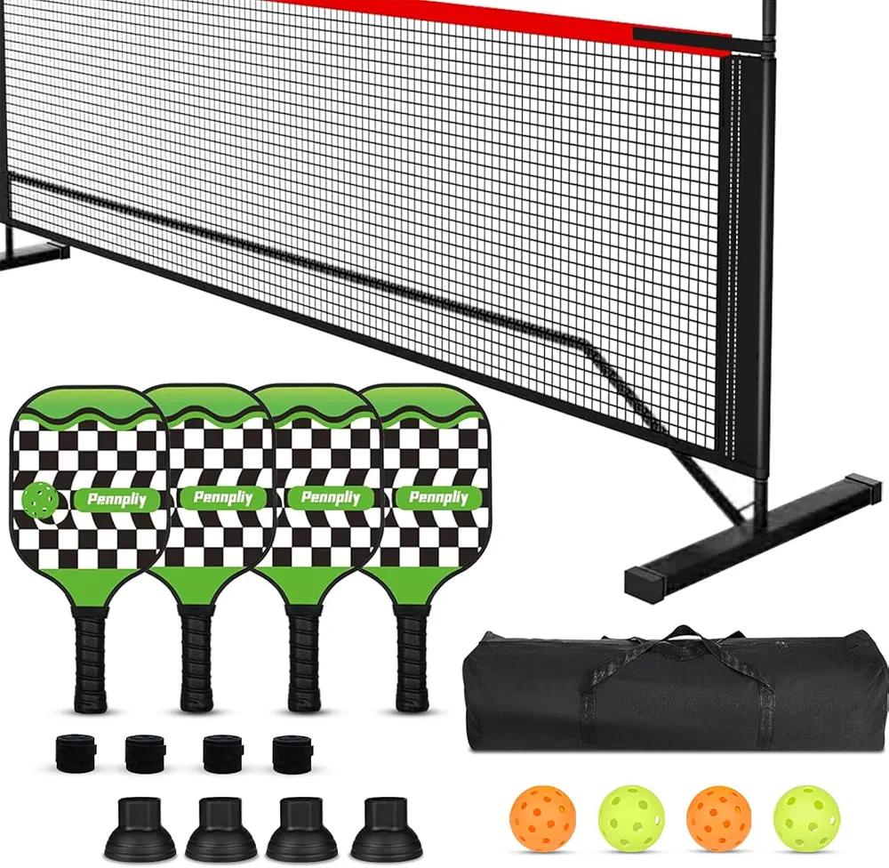 Pickleball Set with Net and Paddles, 4 Player Set, Brown Wooden Paddles, 22FT Portable Net, 6 Balls, 4 Ball Retrievers, 4 Replacement Grips