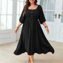 SHESTARR Women's Plus Size Casual Dresses Square Neck Button Up Smocked 3/4 Puff Sleeve Empire Wasit A-line Flowy Midi Dress (Black, XXL)