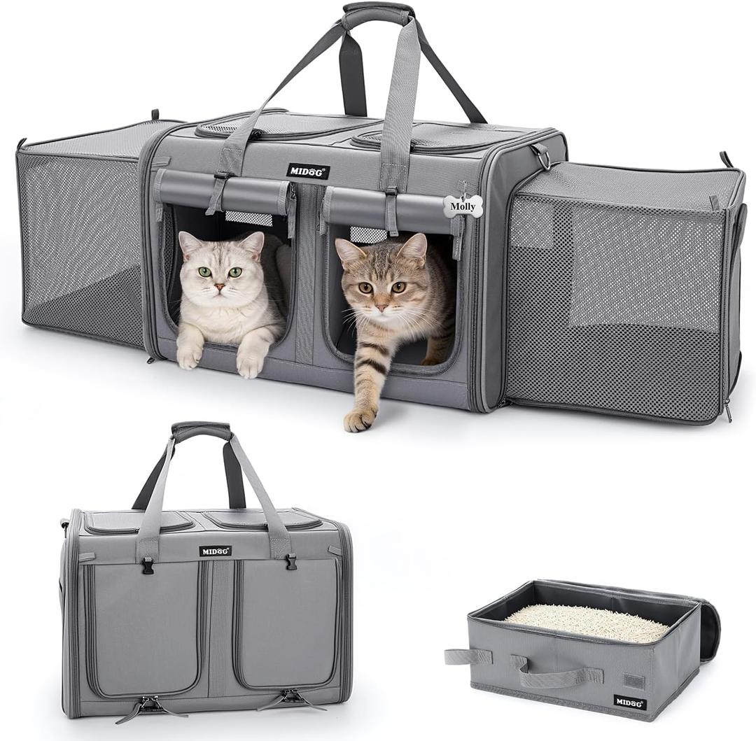 MIDOG 2 Cat Carrier with Litter Box, Expandable Dual Compartment Cat Carrier for 2 Cats, Large Soft Sided Double Pet Carrier for Car Travel, Moving