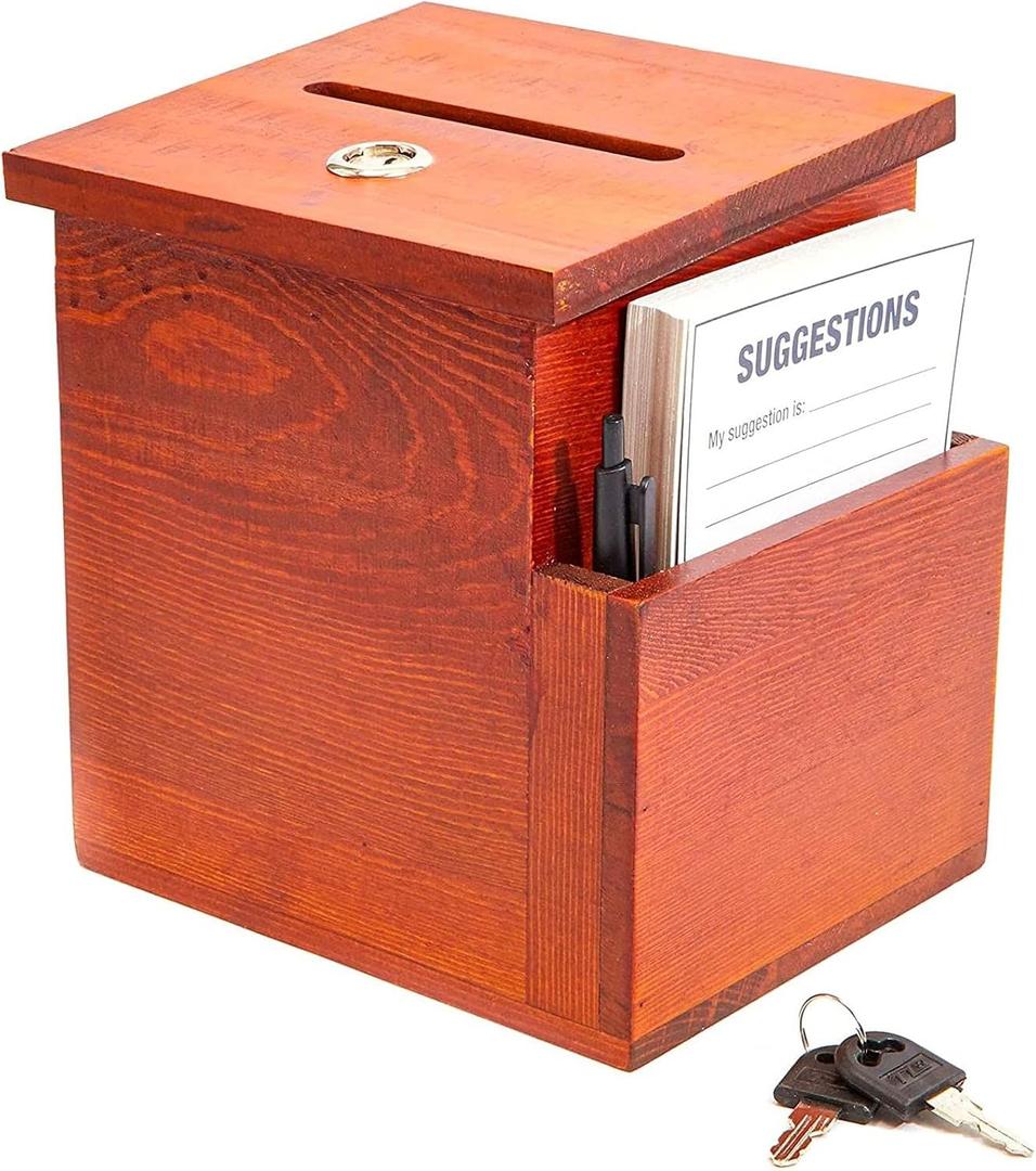 Juvale Wooden Suggestion Box with Lock and Keys, Brown Ballot Box with 50 Blank Suggestion Cards, Locking Lid and Side Slot for Donation, Comments, Feedback (7.5 x 7.1 x 5.5 In)