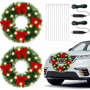 Riceshoot 2 Pack 12V LED Christmas Car Wreath with Red Bow 13 Inch Artificial Lighted up Wreath for Car Front Grill Plug in Lighting for Xmas Hanging Decoration (Yellow Light Classic)