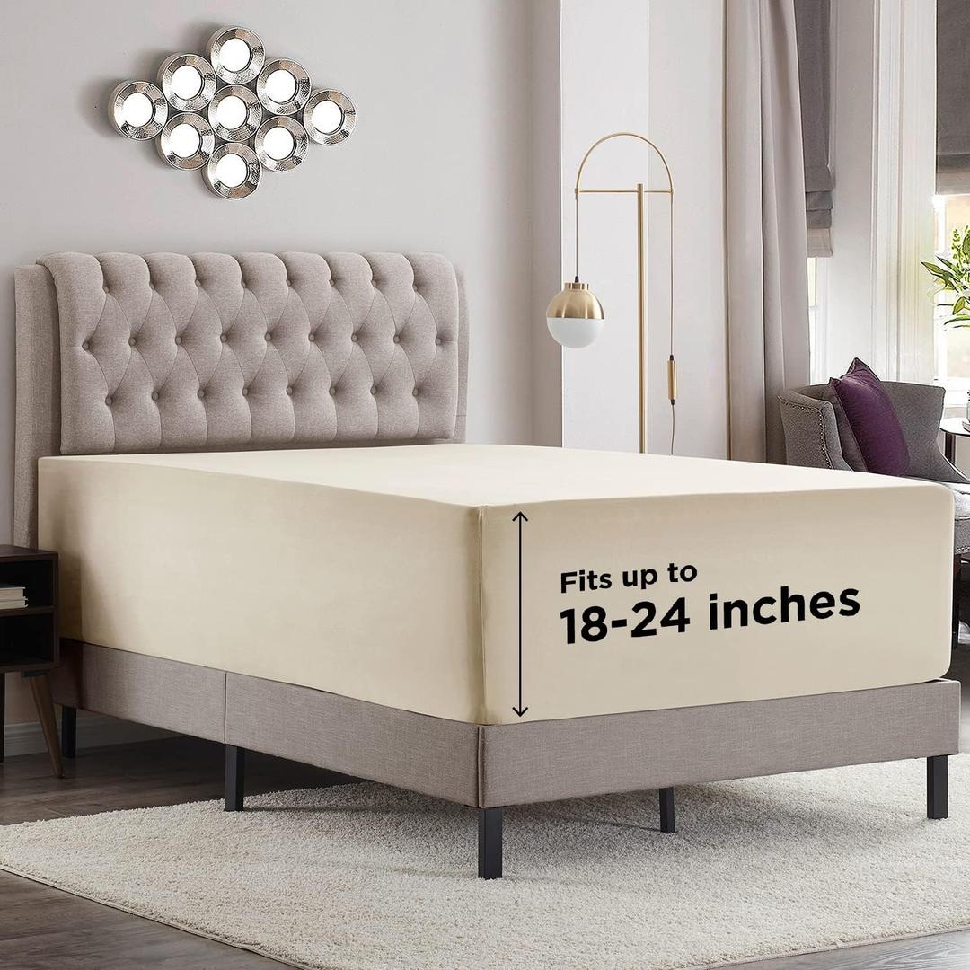 Empyrean Beige Cream Extra Deep Pocket Twin XL Fitted Sheet, Hotel Luxury XL Twin Fitted Sheet Only Easily Fits 18 to 24 Inch Mattress, Super Soft, Wrinkle-Free Bed Sheets with Corner Straps