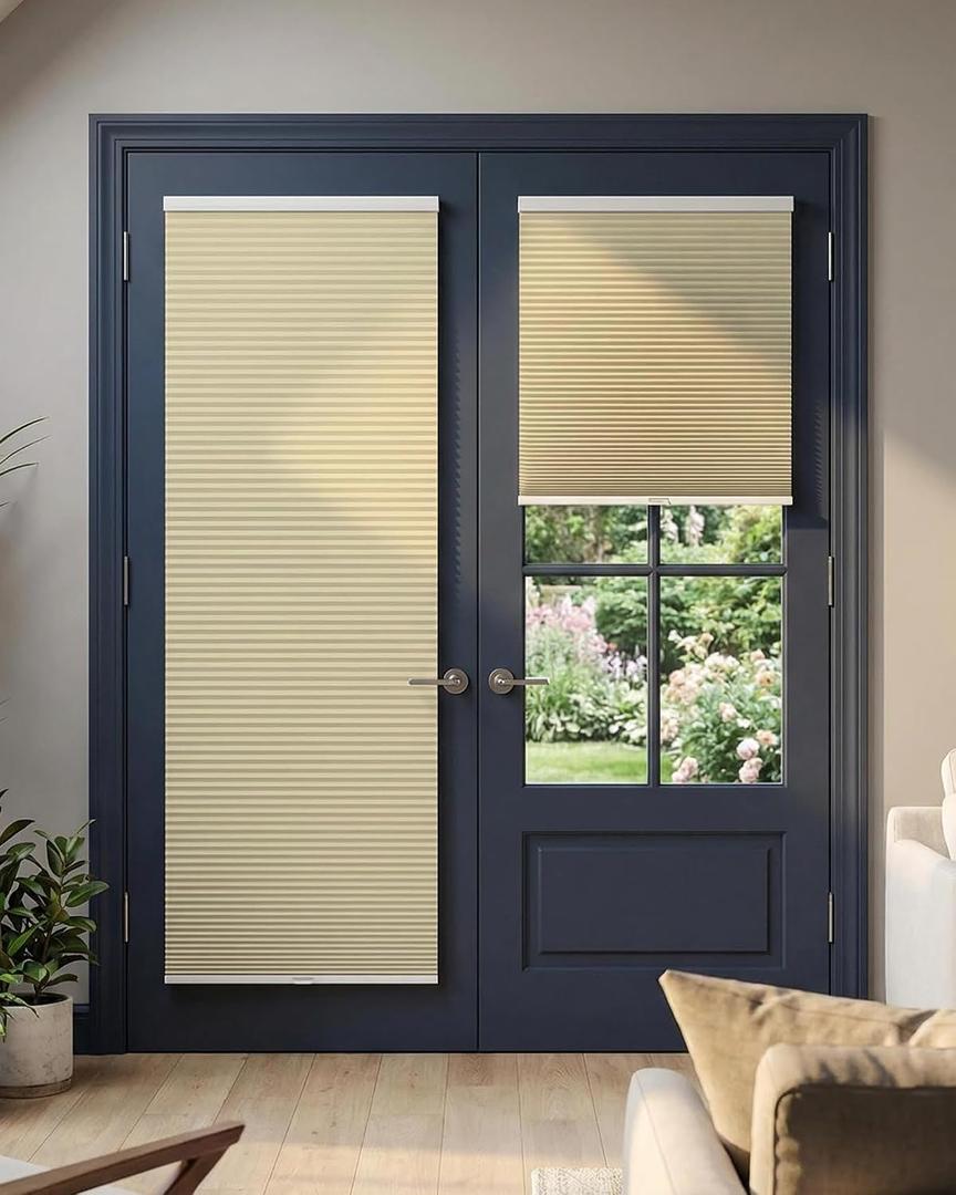 No Drill Blackout Cellular Shades for French Doors, 1 Pack, 22"x78", Beige