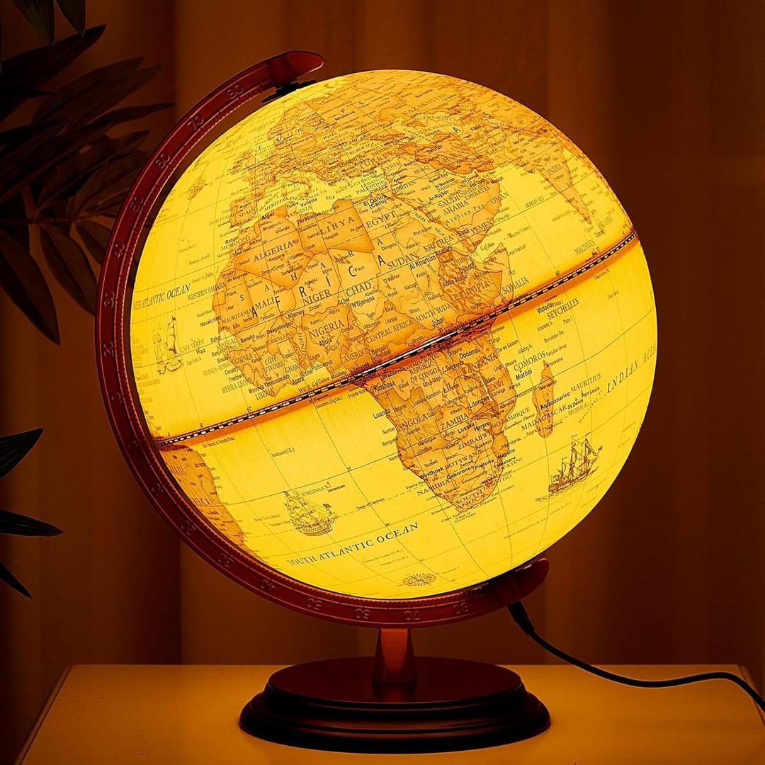 Amylove 13'' Illuminated World Globe for Adults 720/360 Rotation Rewritable Kids Light-up Globe with Stand World Map for Interactive Learning Light with Base Lamp LED Decor(Wood,Vintage)
