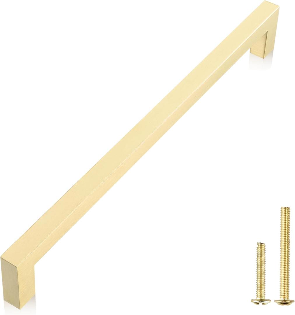 QOGRISUN 1-Pack Solid Brass Cabinet Pulls, Gold Square Drawer Handles,18-inch Hole Center Kitchen Hardware for Dresser, Cupboard, Brushed Brass Finish