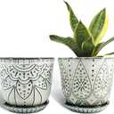 Gepege 6 Inch Beaded Ceramic Planter Set of 2 with Drainage Hole and Saucer for Plants, Indoor-Outdoor Large Round Succulent Orchid Flower Pot (Smoked Gray, Inner-pots not Larger Than 5 Inch) (Cream White)