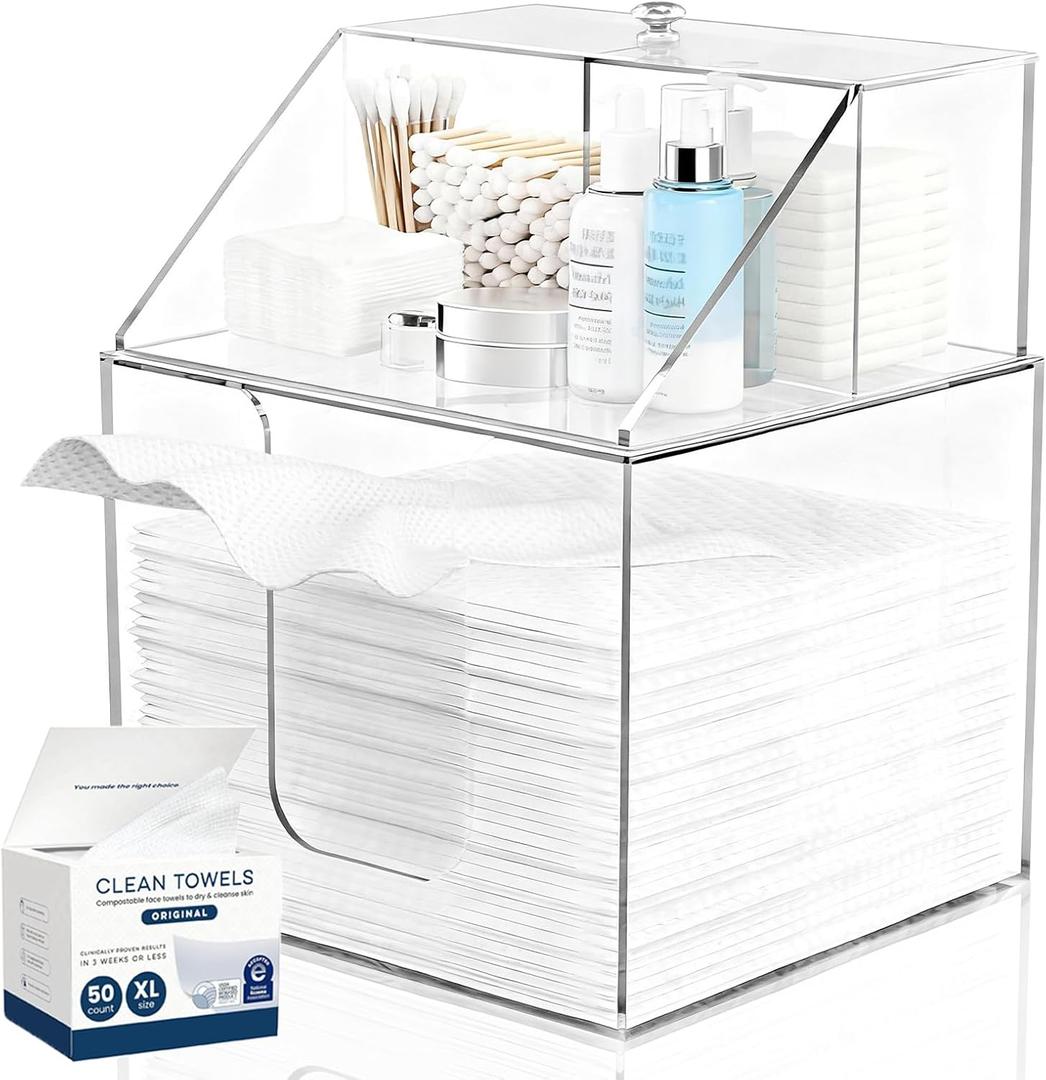 Disposable Face Towel Storage Box Compatible with Clean Skin Club XL, 3-in-1 Detachable 2-Layer for Cleaning Accessories, Face Towel Holder for Bathroom, Vanity Makeup, Holds 50, Clear Acrylic