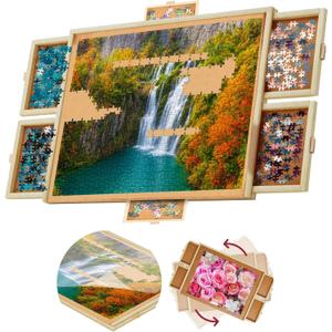 1500 Piece Wooden Jigsaw Puzzle Board - 6 Drawers, Preassembled Rotating Puzzle Table | 35 X 28 Jigsaw Puzzle Board | Puzzle Cover Included - Portable Tables for Adults and Kids