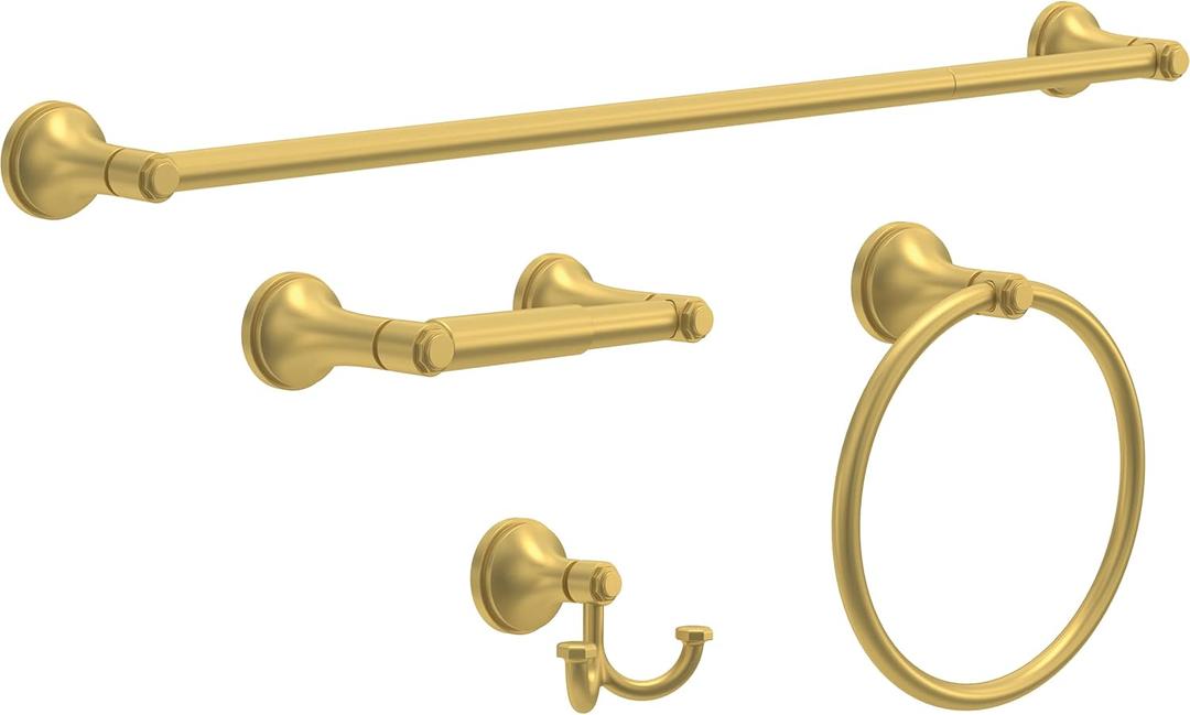 Franklin Brass Woodruff 4-Piece Bathroom Set Satin Gold 18" + 6" Towel Rack, Toilet Paper Holder, Hand Towel Holder, Hook | 4-Piece Bath Hardware Accessories Set WDRF64-SG