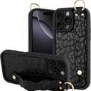 OOK Compatible with iPhone 16 Pro Max Case with Wrist Stand for Women Girls, Black Leopard Cheetah TPU Shockproof Protection Silm Silicone Kickstand Upgraded Cover, for 6.9inch
