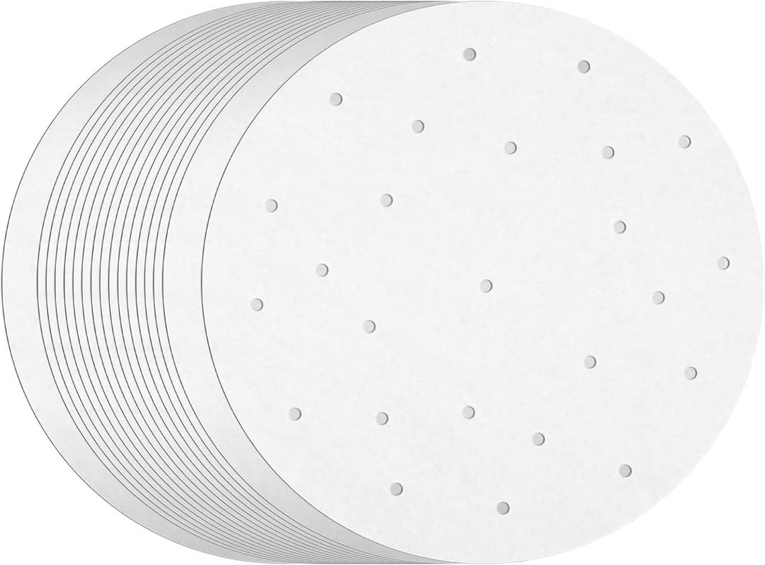 100 Pack Juvale Round Air Fryer Liners with Holes for Air Fryer Basket, Dumpling Paper, 10 Inch Perforated Liner Sheets Compatible with Bamboo Steamer for Baking (White)