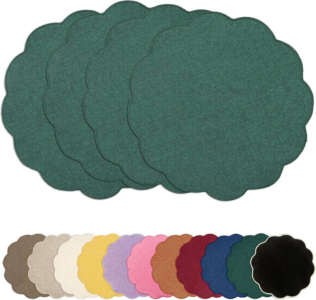 AHHFSMEI Round Faux Linen Placemats Set of 4 Heat Resistant Non-Slip Stain Proof Table Mats for Kitchen Dining Elegant Decor Place Mats (Forest Green,4)