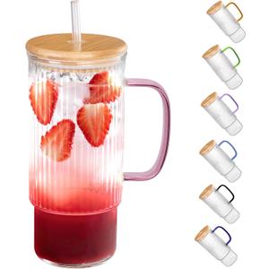 32oz Ribbed Glass Cup with Handle Bamboo Lid and Straw, Glass Tumbler, Iced Coffee Cups Hot/Cold Drinks (Pink Handle)